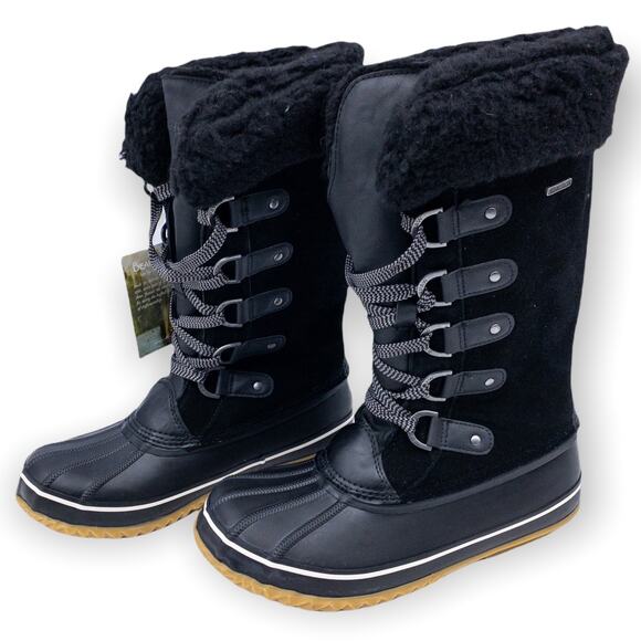 BEARPAW Denali Suede Shearling Cuff Accent Winter Duck Boots Black 10 Women's - Picture 2 of 14